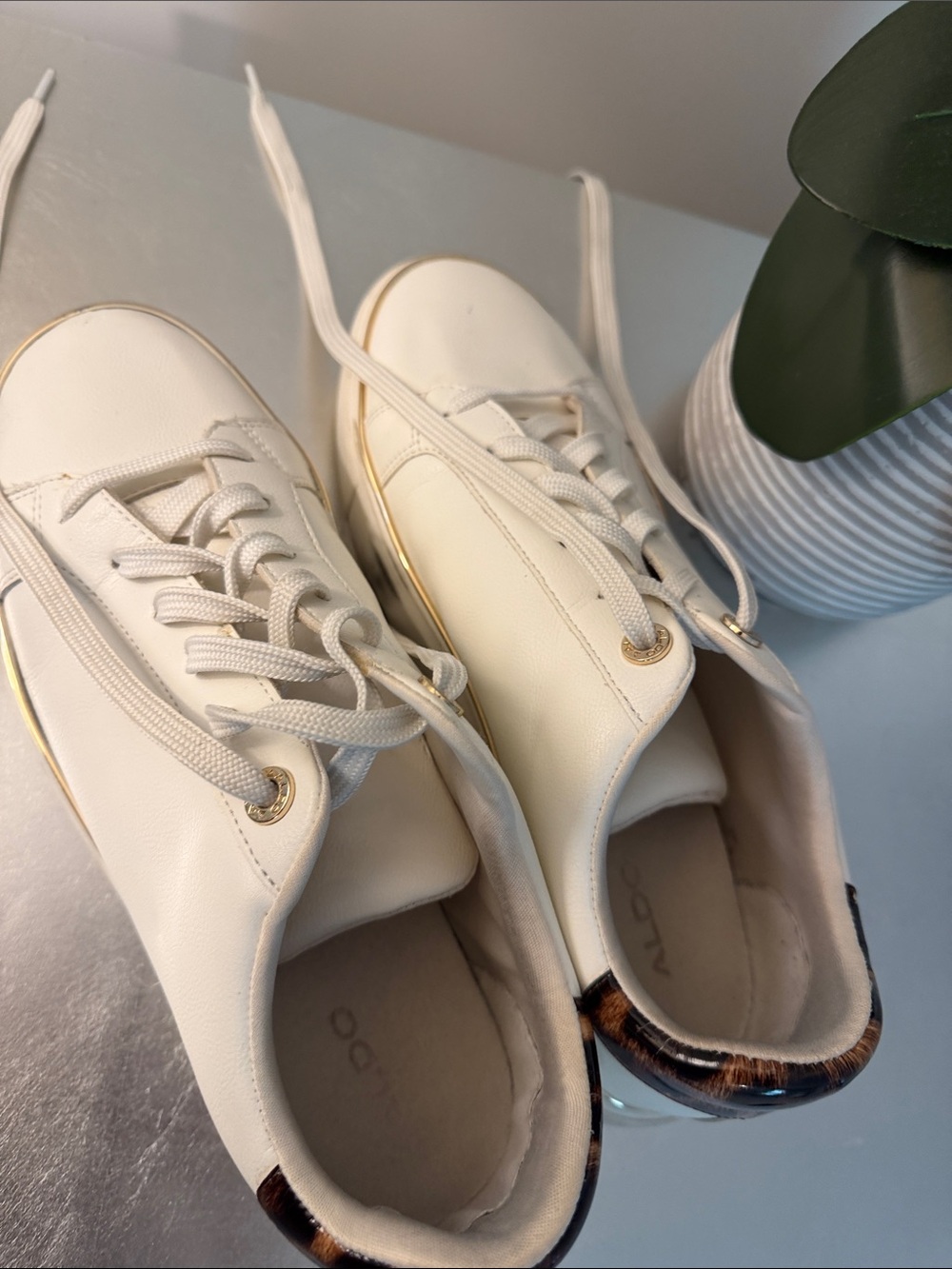 Aldo Cream Sneakers with Gold Trim and Leopard Heel